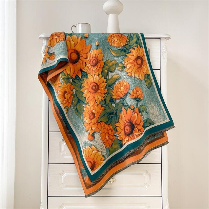 Winter oil painting style scarf women's plate four shuttle imitation cashmere shawl thickened warm fringed scarf