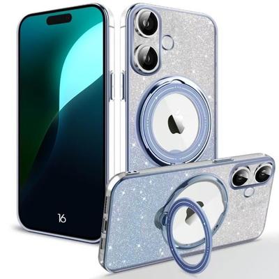 Protective Case - BOOLING - for iPhone 16 - Silicone - Magnetic Stand - Blue Glitter