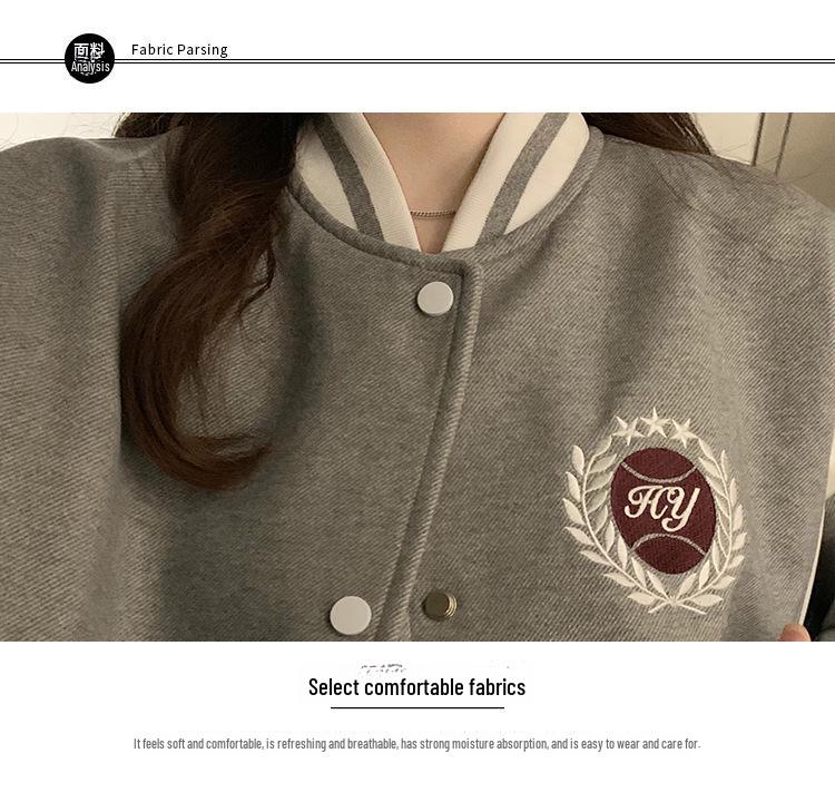 Damen Graue Retro College-Stil Baseballjacke - Frühling/Herbst 2024: Neues Spleißdesign, lässiger Stehkragen.
