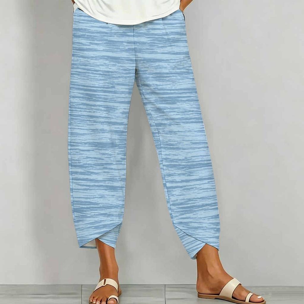 Women Plus Size Loose Nautical Print Cropped Pants Blue Beige Cross Hem With Pockets