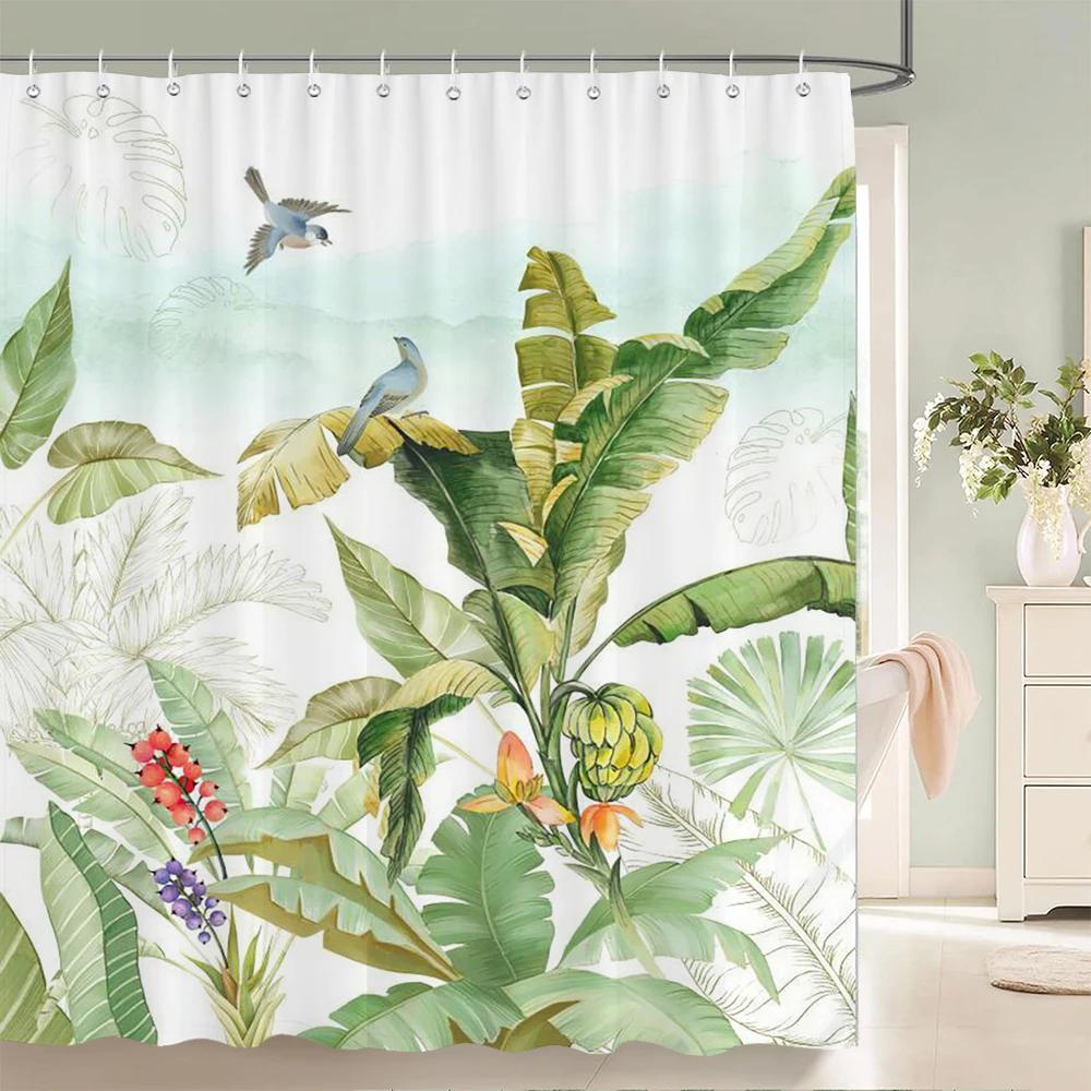 3D Badezimmervorhänge Tropische Grüne Blätter Pflanzen Monstera Druck Duschvorhang Heimdekoration Wasserdichter Stoff Badewannenvorhang