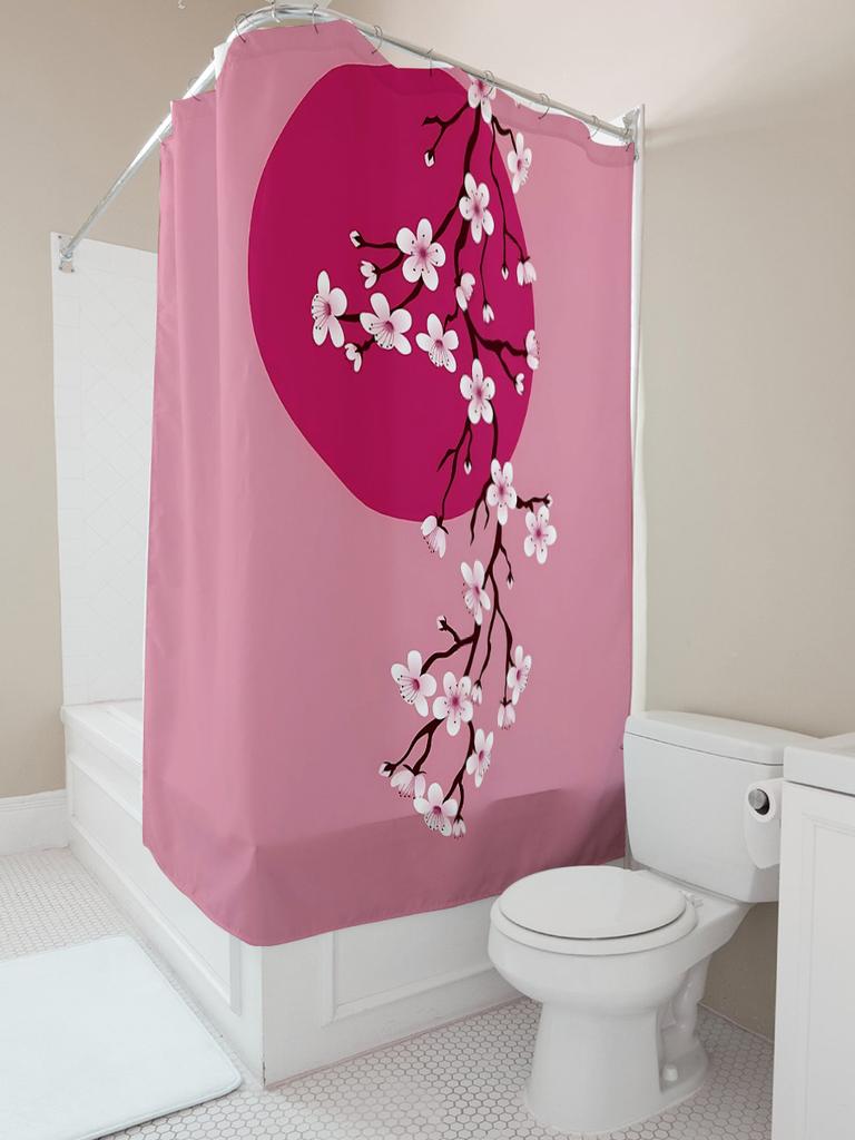 Elegant Japanese Cherry Blossom Shower Curtain With Pink Full Moon Design For Bathroom Decor Waterproof Fabric With Hooks Ideal