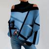 Frauen Kontrast Farbe Drucken Tops Kalte Schulter Halb Hohen Kragen Laterne Lange Hülse Lose Fit T-shirt