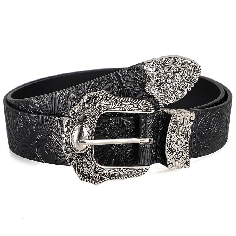 New European and American Style Women's Belt, Vintage Rhinestone Carved Buckle Belt, Trendy Printed Jeans Belt, Unisex