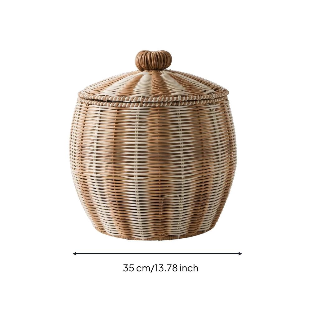 Round Woven Storage Basket with Lid Dust-Resistant for Bedroom Nightstands
