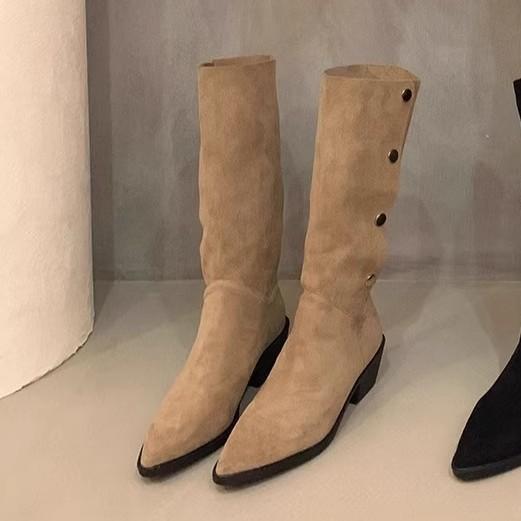 

Нишевые ретро ковбойские сапоги женская обувь 2025 новая весна и осень сапоги средней высоты на наборном каблуке сапоги на высоком каблуке 34 хаки