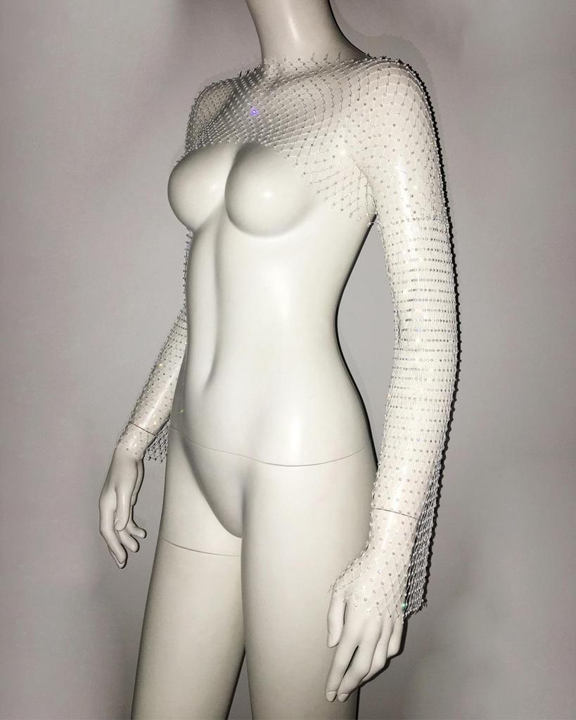 Europäisches & Amerikanisches High-End Mesh Strass Damen Langarmtop