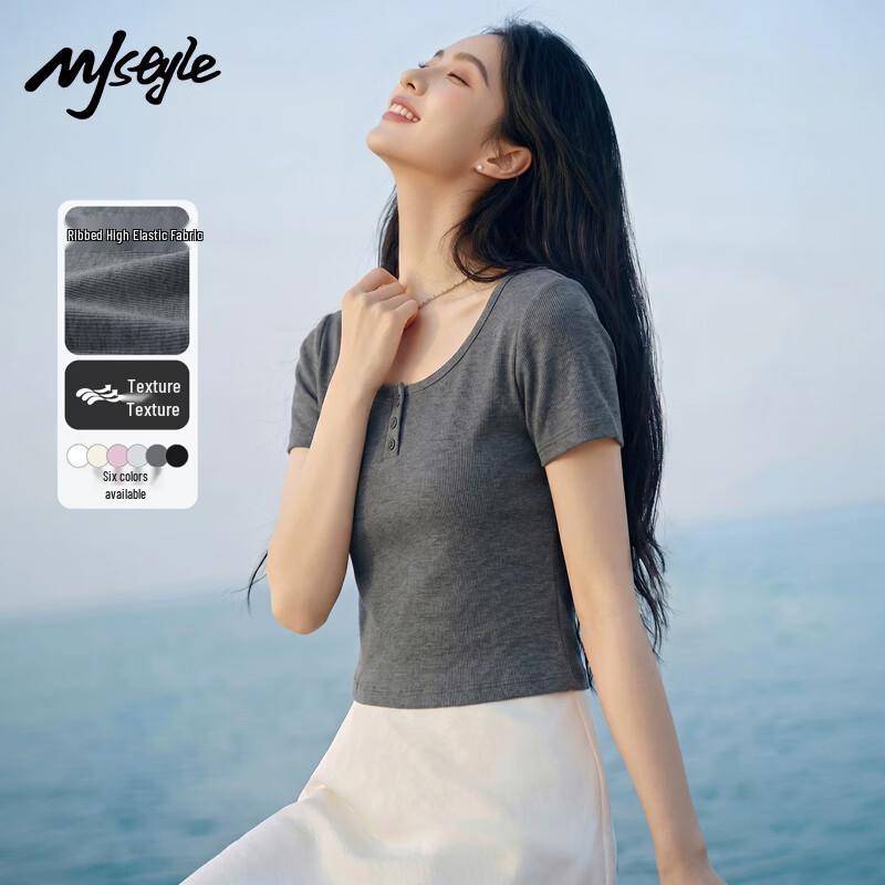 MJ Style Women s U-Neck Button Slim Fit T-Shirt L