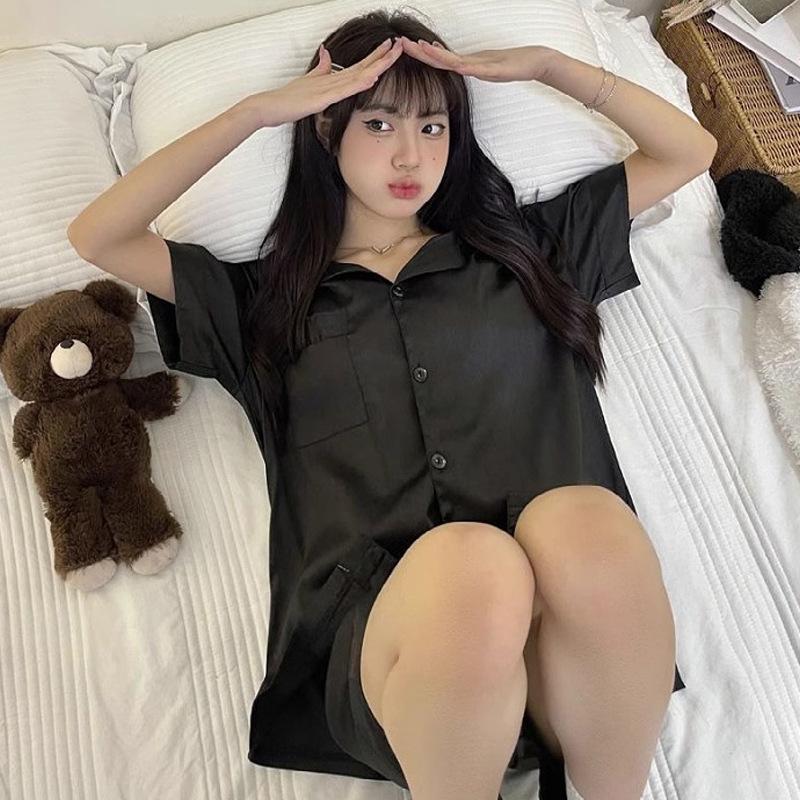 Solid Color Light Luxury French Ice Silk Pajamas Women'S Summer Fashion Short-Sleeved Loungewear Set