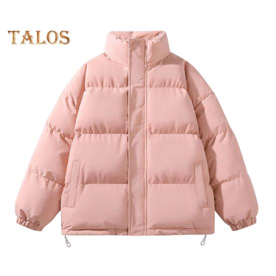 Men Cotton Coat Stand Collar Long Sleeve Solid Color Zipper Placket Quilted Jacket Drawstring Hem Thickened Loose Fit Outwear