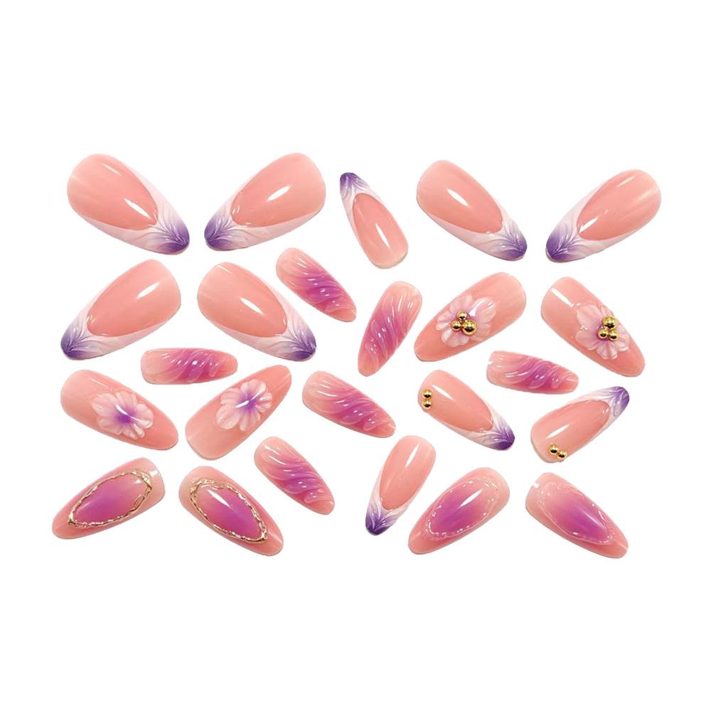 3D Cross French Relief Flower Nail Art with Gold Beads - Almond Fake Nails with Glue