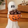 Holiday Party Buffet Tableware Resin Ghost Statue with Pumpkin Candy Bowl, Cute Figurine, Trick Spooky Season Entryway Accents or Treat Holder