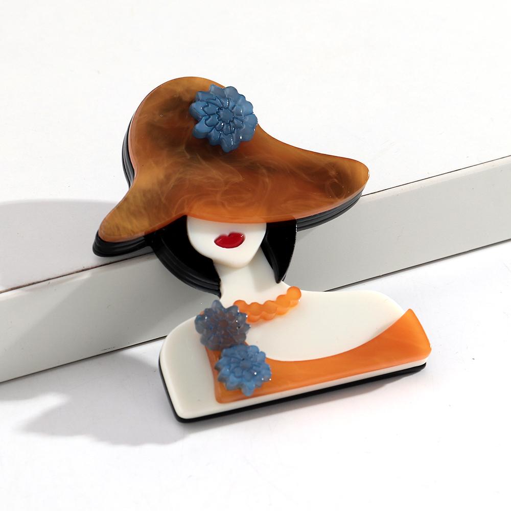 Acrylic Graceful Flower-Hat Lady Figure Brooches for Women Trendy 6-Color Resin Girl Badge Pins Jewelry Clothes Accessories Gift