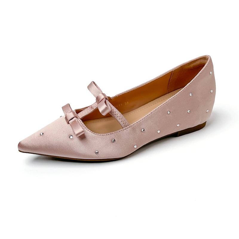 Ou Ruofeng inner height-increasing shoes women's 2025 spring new black bow temperament socialite pointed rhinestone flat shoes