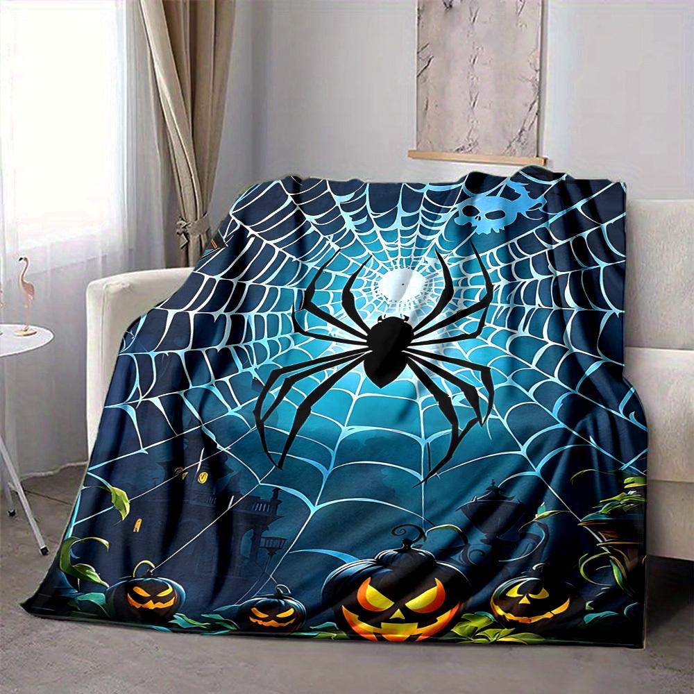1pc Halloween Spider Print Blanket   Lightweight Flannel Throw Blanket For Sofa, Bed, Living Room, Office, Outdoor Travel, Camping