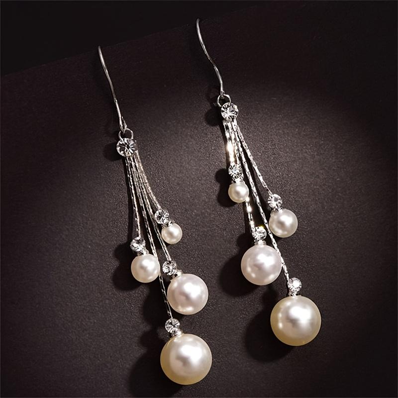 Boucles d'oreilles élégantes pour femmes avec longues chaînes et pampilles, imitation perle, pendentif superposé, bijoux