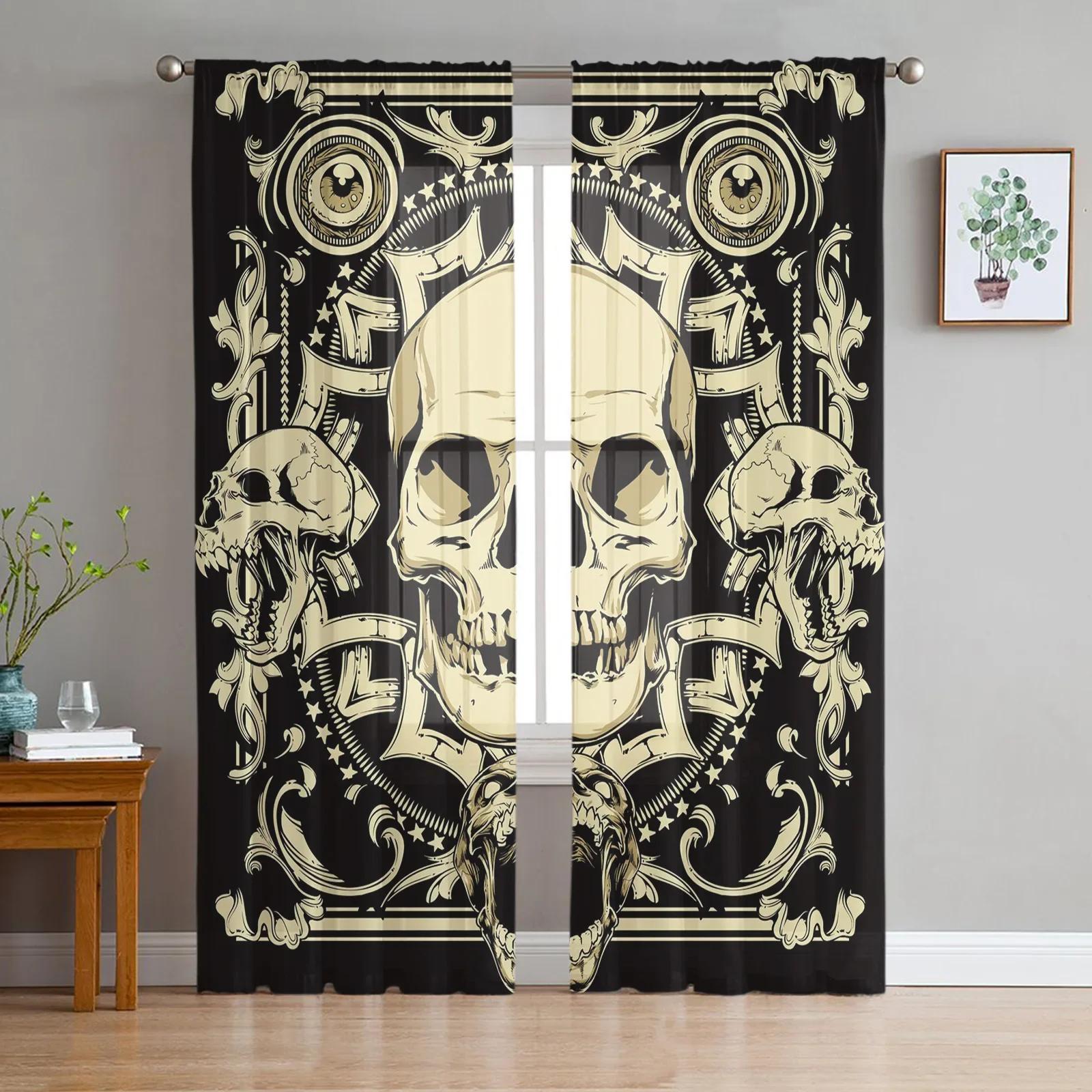 

Black Skull Sheer Drapes Living Room Window Netting Curtains For Bedroom Kitchen Home Ornamentation Voile Drapes W135 x H115cm x1&Grommet Top