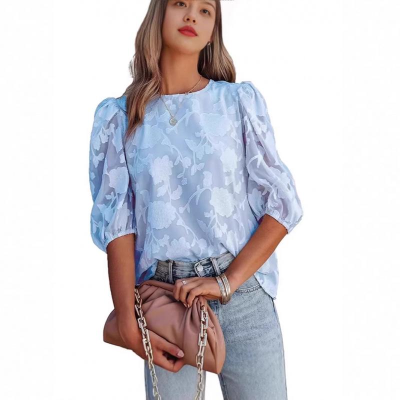 2026 Summer Women's Chiffon T-Shirt Floral Bubble Sleeve Fashionable Round Neck Loose Top