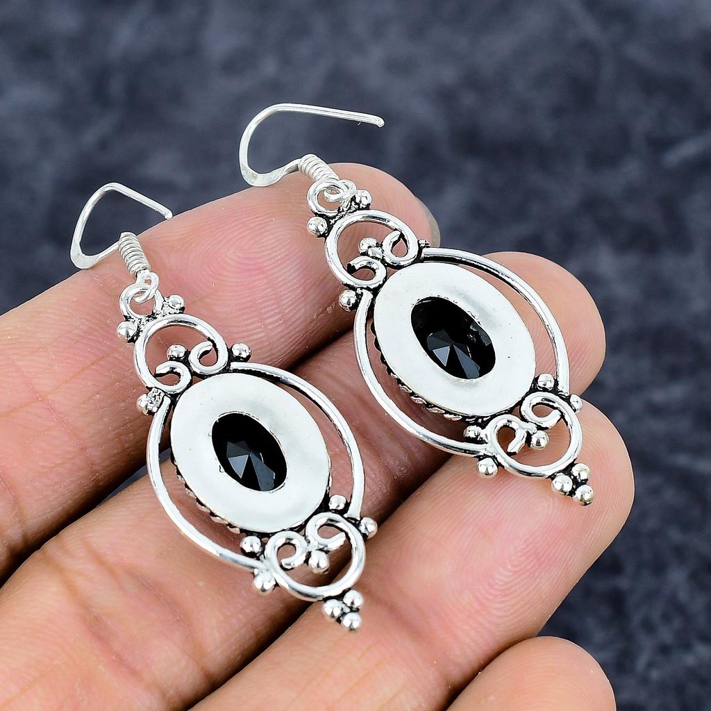 Black Spinel Gemstone Handmade 925 Sterling Silver Jewelry Earring 2.21" M-3289