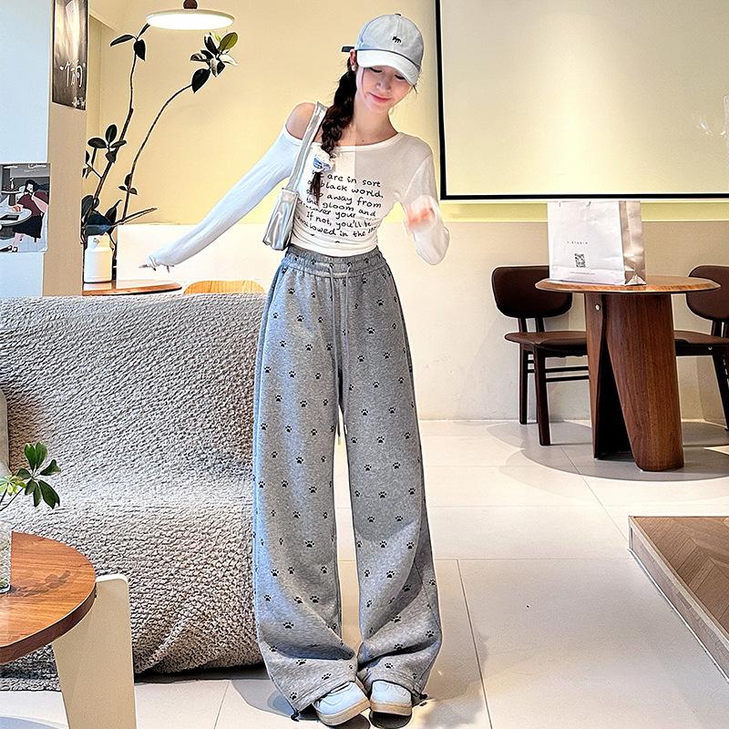 

High Street floral dog paw print casual trousers women s autumn new thin wide-leg trousers straight loose sweatpants S