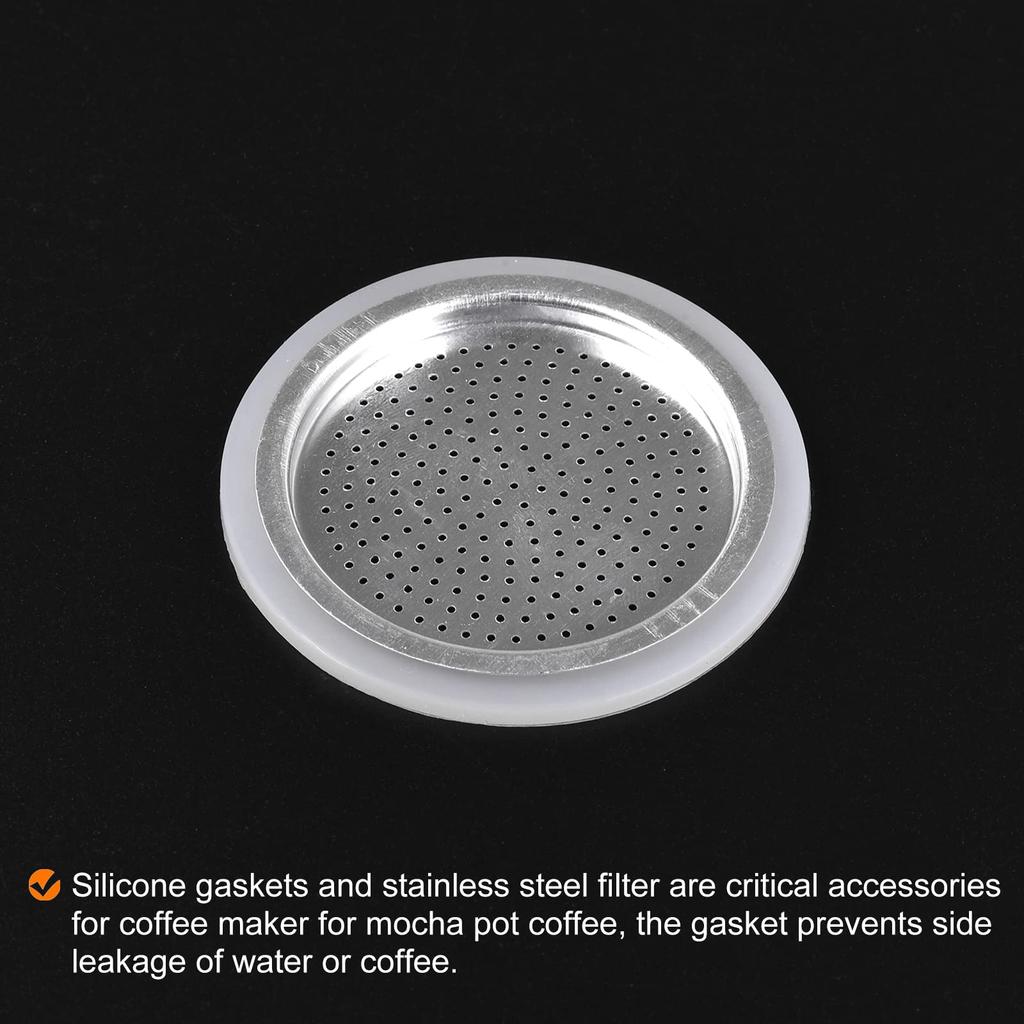 Uxcell Silicone Gasket for 2-Cup Moka Coffee Pot, 42x55mm (1 Piece) and Stainless Steel Filter Screens, 48x42mm (3 Pieces)