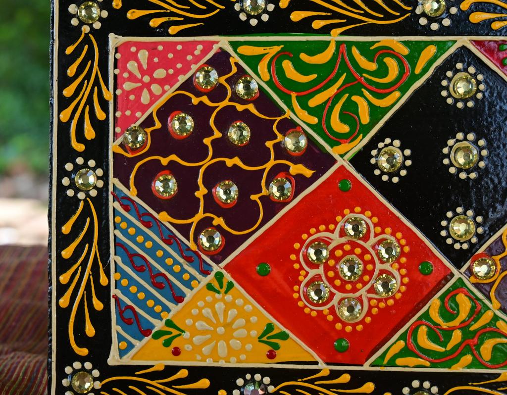 Indian Folk Art Mirror Work Wood Wall Panel: Hand-Painted Ethnic Decor