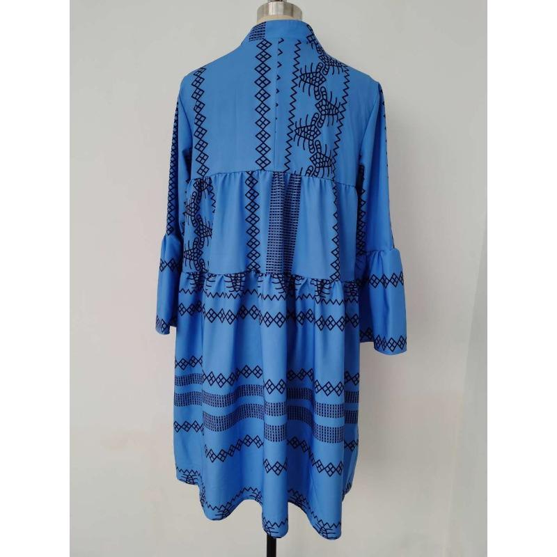 Rochie patchwork boemă de damă cu mâneci clopot, guler înalt și mâneci trei sferturi