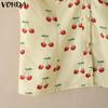 VONDA Women Summer Doll Collar Puff Sleeve Buttons Up Print Casual Blouse