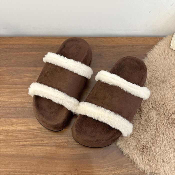 High version 2025 autumn and winter sheepskin integrated cork bottom thick bottom one word open toe fashion casual warm fluffy slippers