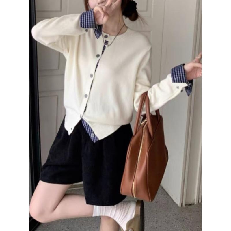 Autumn and winter holiday two-piece plaid splicing knitted sweater cardigan simple fashion loose versatile casual crew neck top women