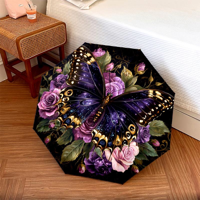 1 PC Automatic Folding Umbrella - Butterfly and Roses Pattern, Portable & Foldable Design with 8 Ribs, Christmas Birthday Gifts