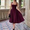 Rochie Midi Eleganta Casual pentru Femei, Pătrată la Gât, Fără Mâneci, Croială Slim Fit, Talie Înaltă, Linie A