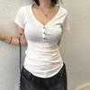 VAYLA Korean Fashion Striped V-Neck With Buttons Slimming T-shirts Women's Summer Short Sleeve Top Tees Y2K Aesthetics New