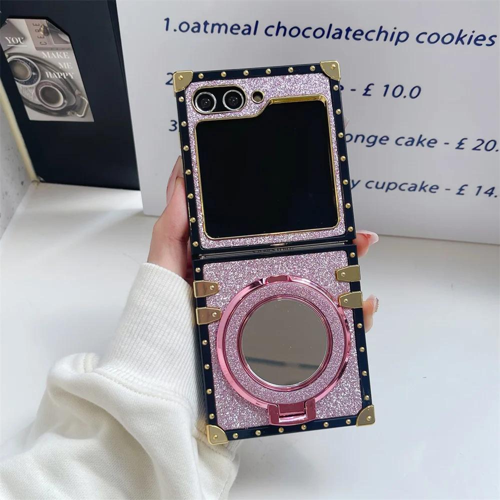 

Блестящий милый девчачий чехол для телефона с зеркалом и магнитной подставкой-держателем для Samsung Galaxy Z Flip 6 5 4 3 5G, задняя крышка For Samsung Galaxy Z Flip6