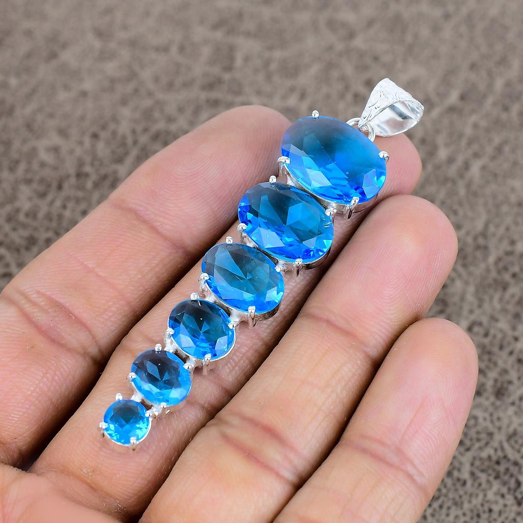 Blue Topaz Gemstone Handmade 925 Sterling Silver Jewelry Pendant 3.03" KKG-77