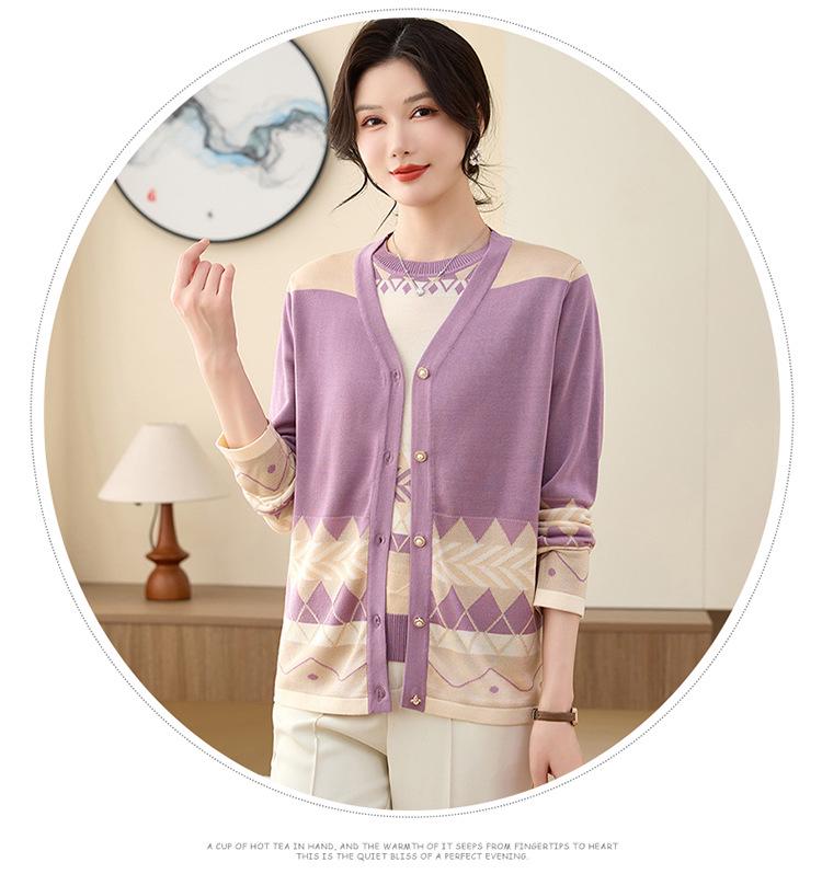 Mom's Spring Knit Cardigan & Summer T-Shirt 2-Piece Set: Stylish Short-Sleeved Top for Middle-Aged & Elderly Women