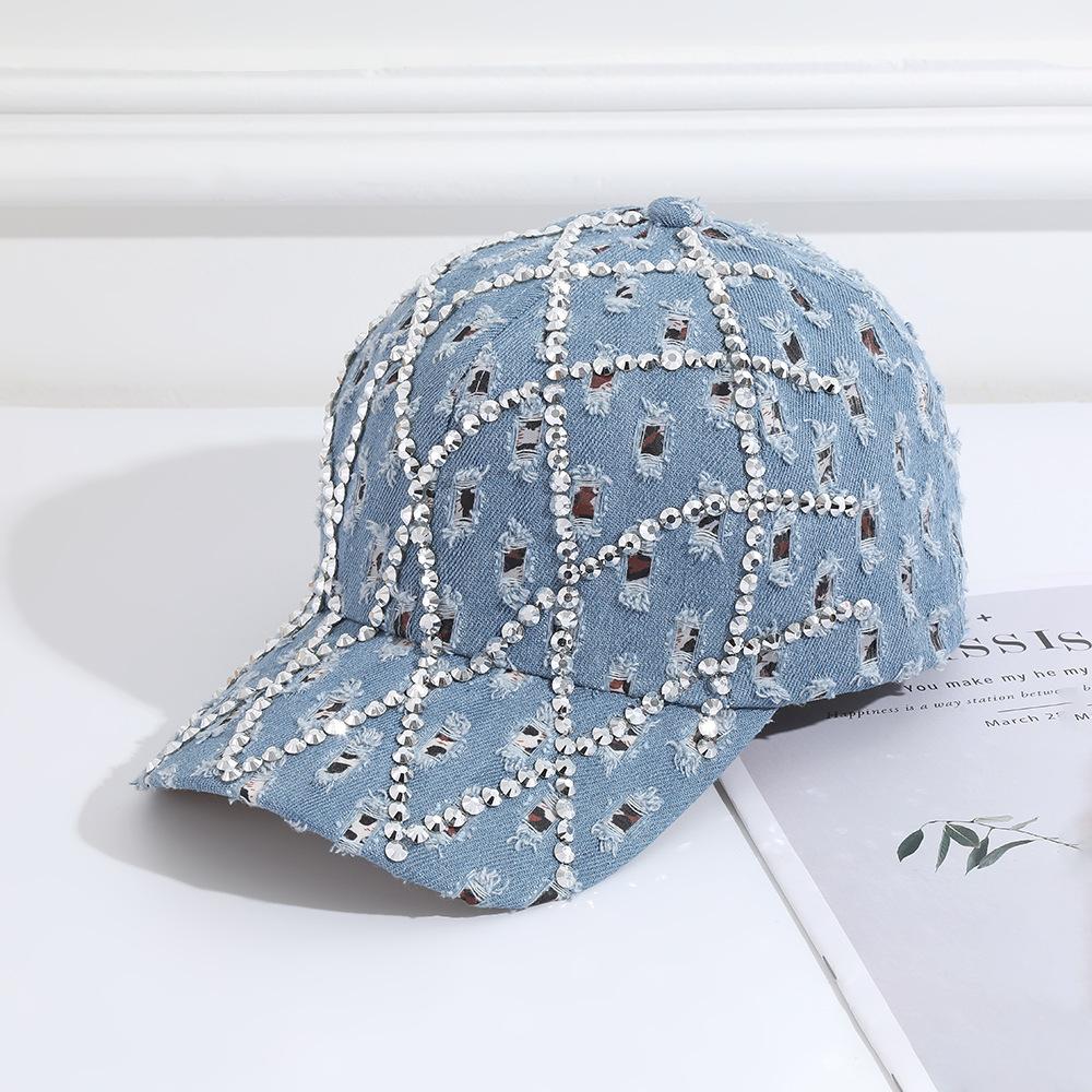 Dżinsowa czapka z daszkiem z cyrkoniami, Błyszcząca siatka z diamentami, Zniszczona czapka typu trucker dla kobiet