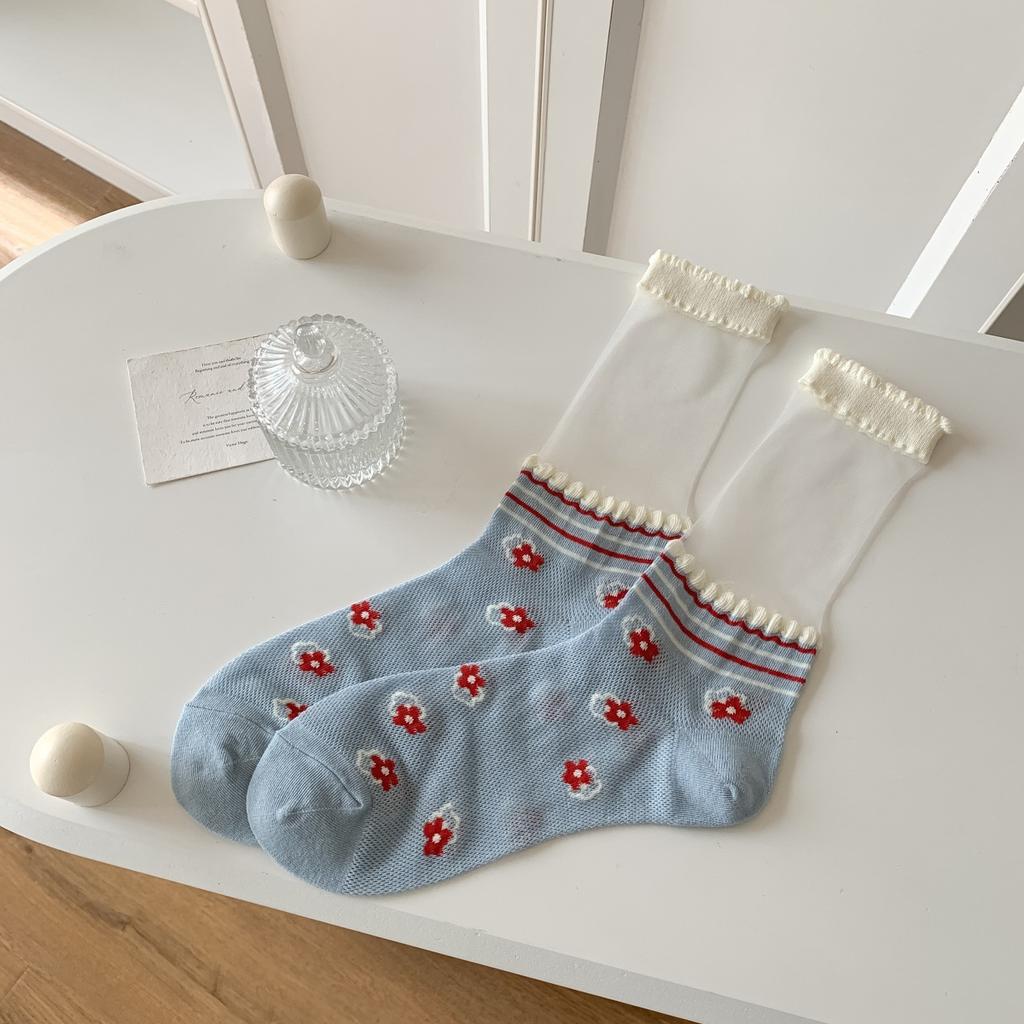 Křišťálové hedvábné ponožky Dámské Letní Ultratenké Průhledné Nylonové Dlouhé Ponožky Květinová Výšivka Japonské Kawaii Roztomilé Síťované Krajkové Ponožky