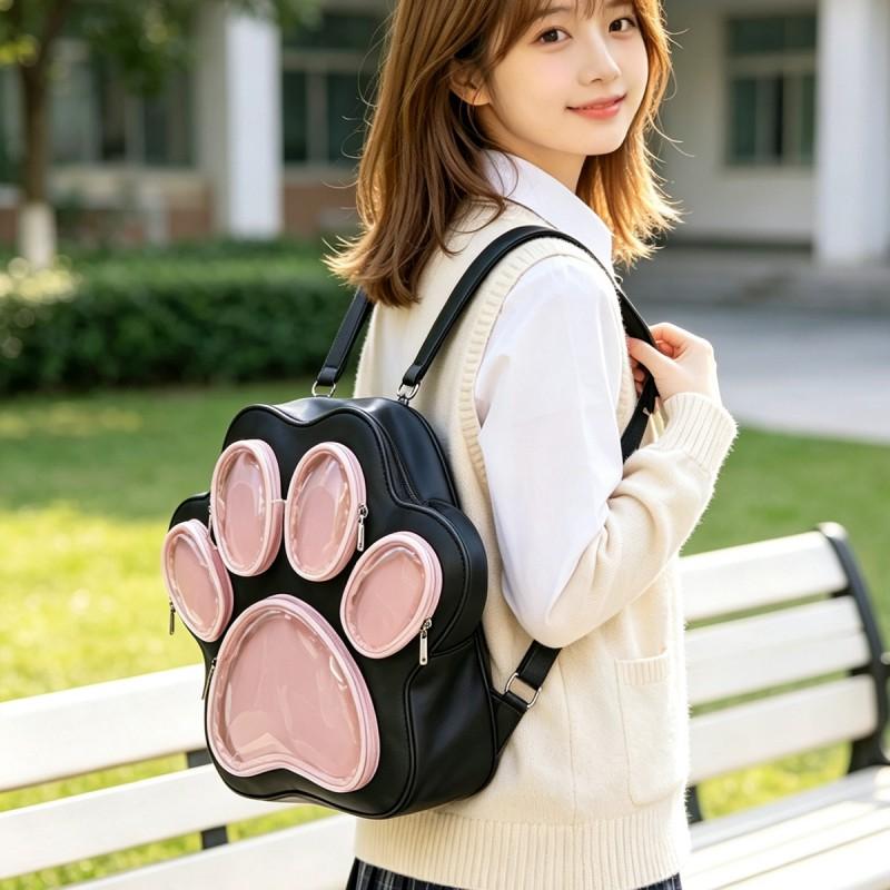 Cute Cat Paw Shape Backpack Teen Girls Daily Use Large Capacity PU School Bag Sweet Style