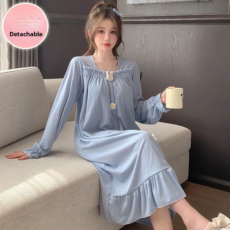Women's Cute Sweet Long-Sleeve Nightdress with Chest Pad, Medium-Length, Plus Size Home Wear for Spring & Autumn