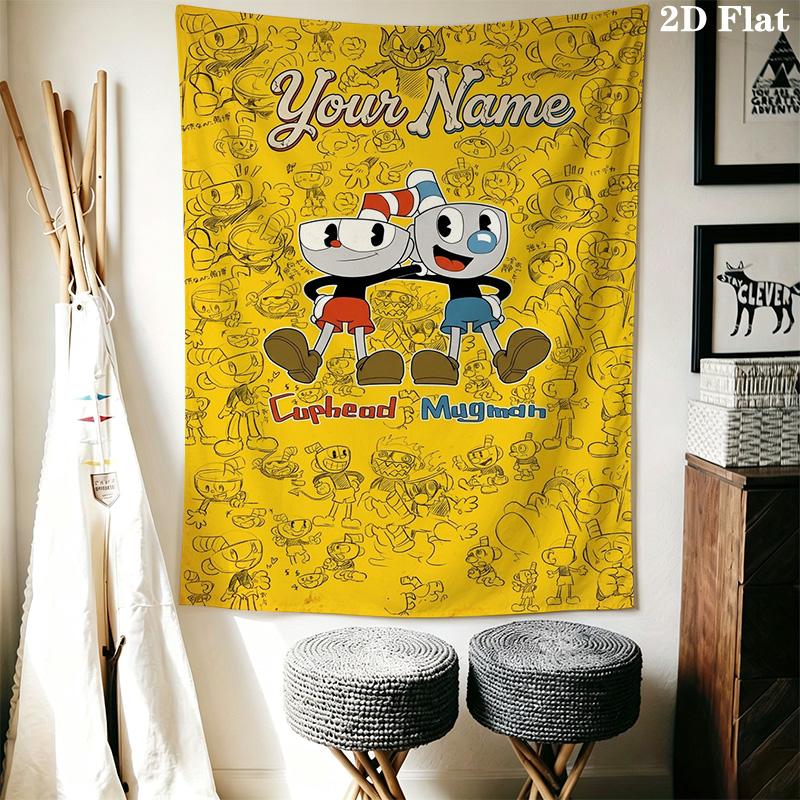 Name Custom Cuphead Wall Tapestry Aesthetic Wall Hanging Printed Fabric Blanket Decorative Tapestries for Bedroom Living Room Home Decor