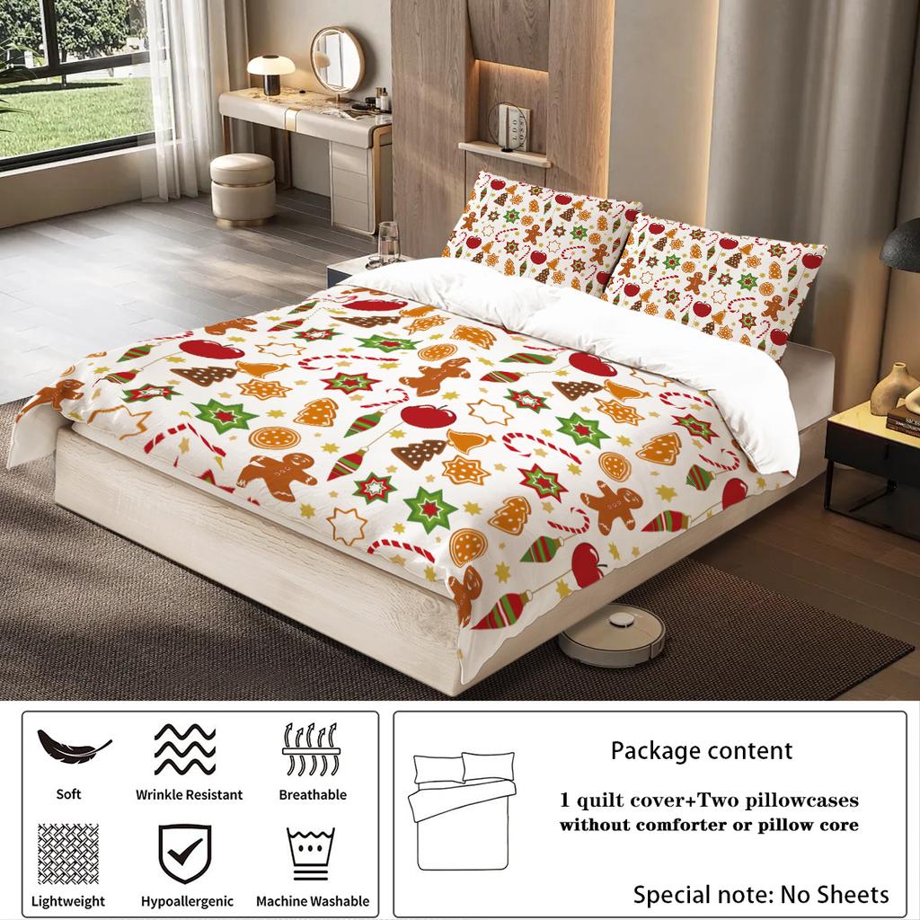 3-piece Christmas Cute Gingerbread Man Pattern Print (1 duvet cover+2 pillowcases, no core) Comfortable Bedding Set