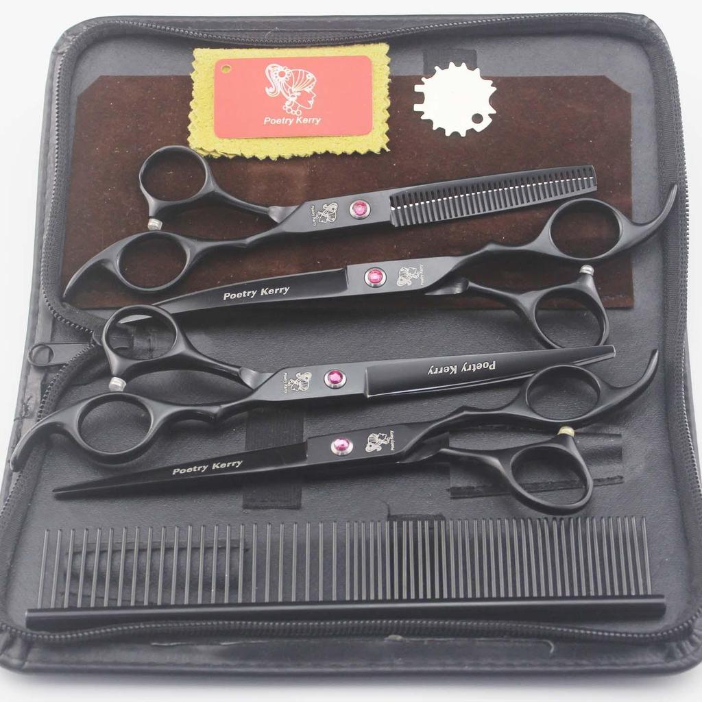 7-Inch Black Painted Pet Grooming Scissors Set - 4-Piece Fine-Tooth Straight Scissors