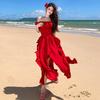 New Seaside Vacation Dress Travel Dress Red One-word Shoulder Dress White Niche Design Feeling