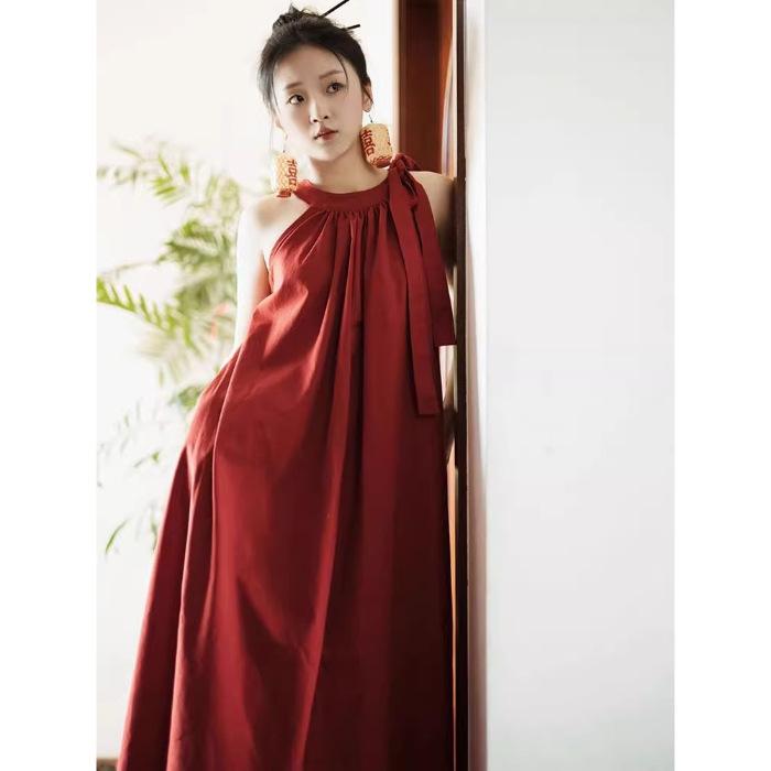 

[Original size] Holiday wind neck red dress women s summer Sanya, Yunnan seaside vacation atmosphere S красный