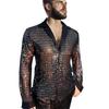 Men's Sequin Glitter Shirt Long Sleeve Lapel Button Down Disco Shirt Retro Sexy Thin Shirts for Bar Dancing Night Club Disco Party