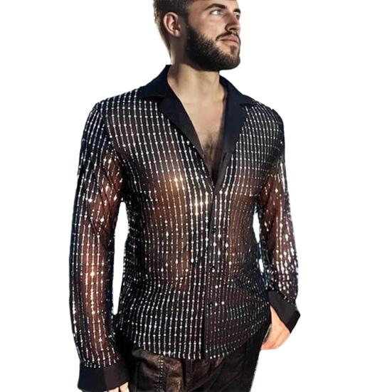 Men's Sequin Glitter Shirt Long Sleeve Lapel Button Down Disco Shirt Retro Sexy Thin Shirts for Bar Dancing Night Club Disco Party