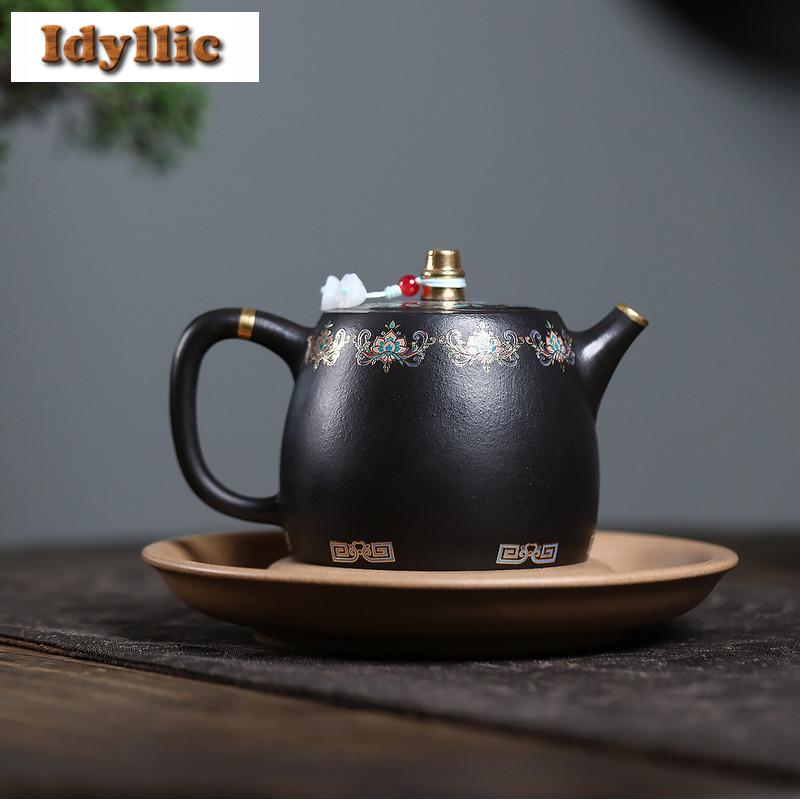 300ml Yixing Purple Clay Teapots Handmade Colour Enamels Pot Raw Ore Zhu Mud Reducing Roasting Kettle With Filter Zisha Tea Set