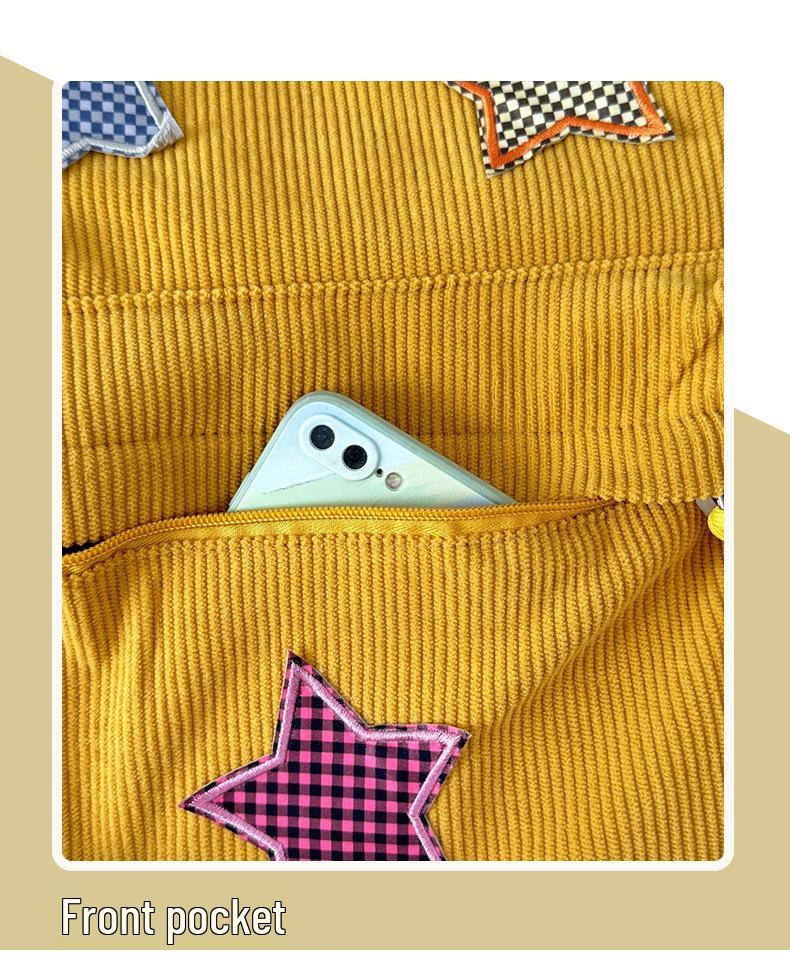 Women's Mori Style Corduroy Backpack - Harajuku Middle School Bookbag with Star Design for Travel