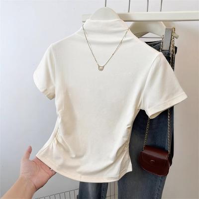 Nueva Camiseta de Verano para Mujer con Cuello Medio de Tortuga, Cintura Corta y Mangas Cortas, Diseño Simple Plisado, Top Corto Ajustado